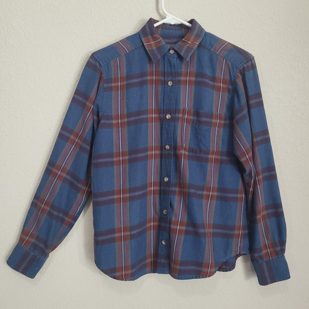 Vintage 90s Jones Jeans Plaid Button Up Shirt Womens Petite Medium Blue Casual